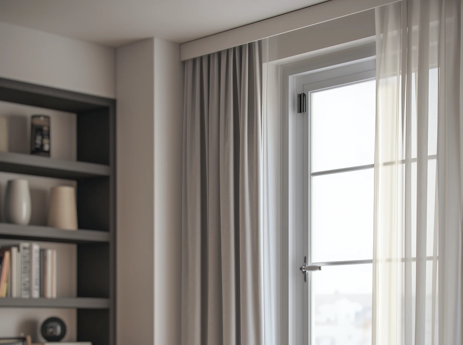 DoorProtect Öffnungsmelder an einem Fensterrahmen montiert, im Hintergrund Vorhänge in einem Wohnzimmer