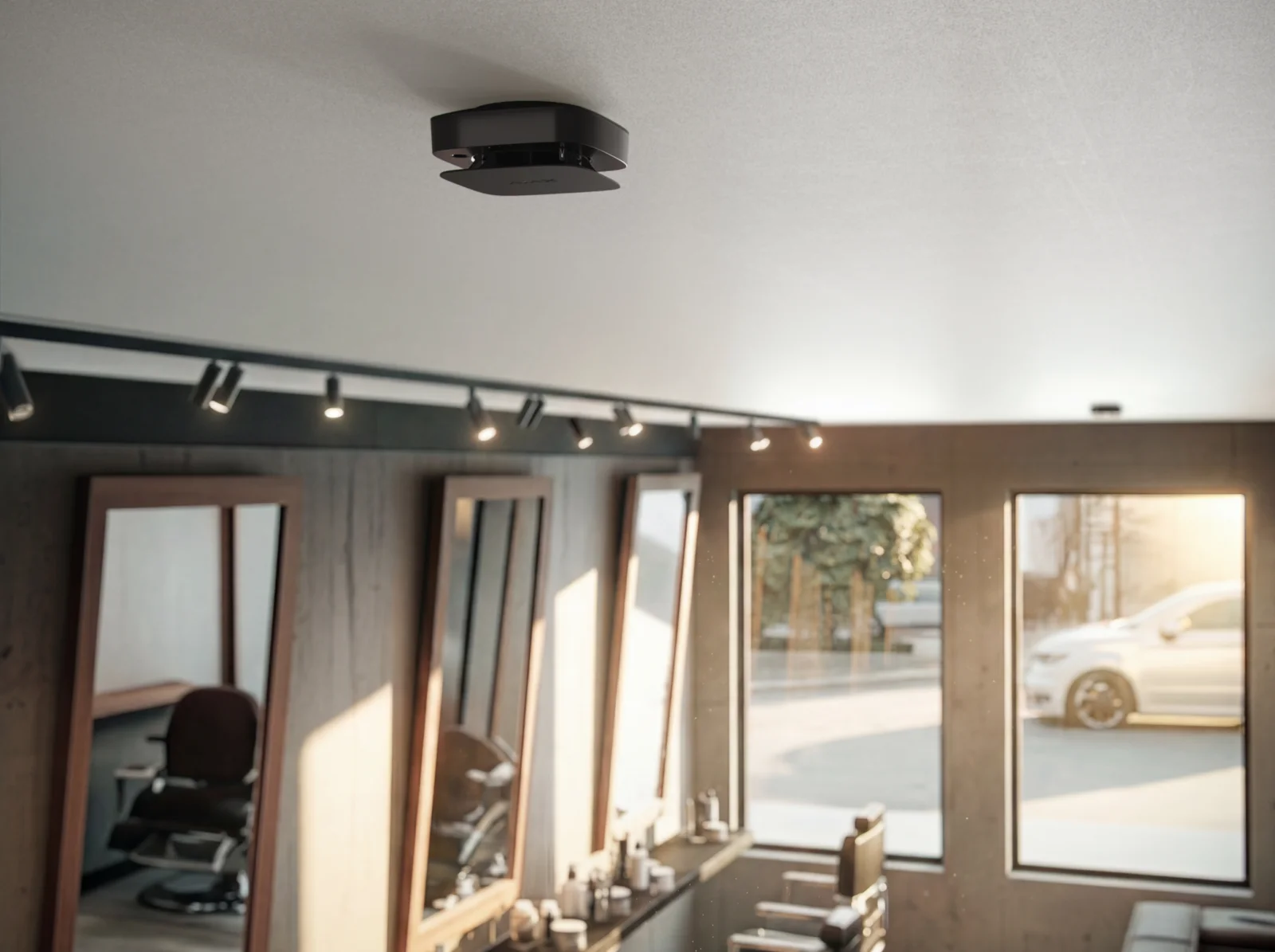 FireProtect 2 Rauchmelder an der Decke eines Friseursalons montiert